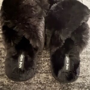 Nine West Black Plush Slippers Slide Style